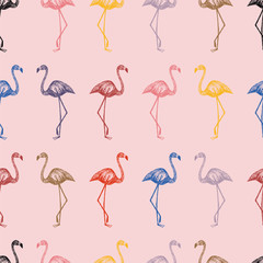 Fototapeta premium Multicolor hand drawn flamingo seamless pink background