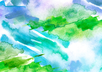 Watercolor blue, green background, blot, blob, splash of blue, green paint. Watercolor blue, green sky, spot, abstraction. Abstract art illustration, scenic background. Abstract artistic frame.