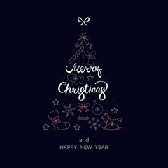 Merry Christmas and Happy New Year greeting card with abstract Christmas tree.