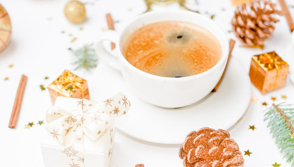 Creative natural layout of Christmas decorations with cups of coffee on a white background. Flat lay, Top view