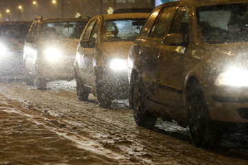 Traffic jam in heavy snow
