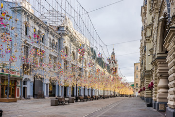 Nikolskaya street decorated by festive garlands. Moscow, Russia.