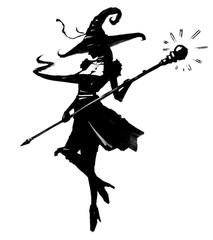 Witch with a staff in a hat with a curl