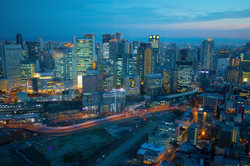 twilight scene of osaka urban skyscraper