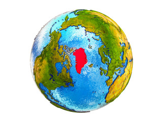 Greenland on 3D model of Earth with country borders and water in oceans. 3D illustration isolated on white background. © harvepino