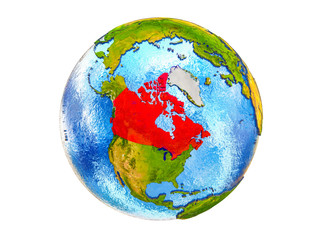 Canada on 3D model of Earth with country borders and water in oceans. 3D illustration isolated on white background.