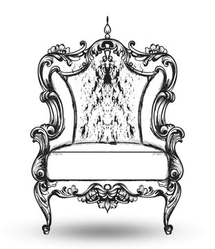 Baroque furniture rich armchair. Royal style decotations. Victorian ornaments engraved. Imperial furniture decor. Vector illustrations line art