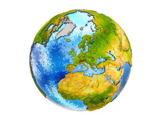 Switzerland on 3D model of Earth with country borders and water in oceans. 3D illustration isolated on white background.