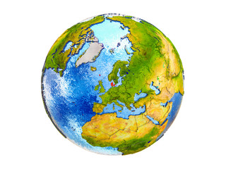 Denmark on 3D model of Earth with country borders and water in oceans. 3D illustration isolated on white background.