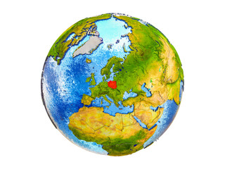 Poland on 3D model of Earth with country borders and water in oceans. 3D illustration isolated on white background.