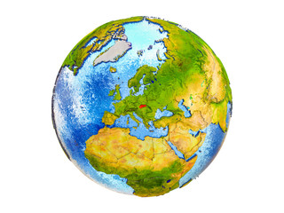 Slovakia on 3D model of Earth with country borders and water in oceans. 3D illustration isolated on white background.