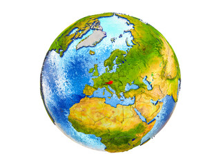Austria on 3D model of Earth with country borders and water in oceans. 3D illustration isolated on white background.
