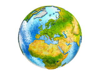 Albania on 3D model of Earth with country borders and water in oceans. 3D illustration isolated on white background.