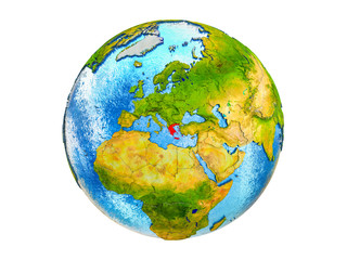 Greece on 3D model of Earth with country borders and water in oceans. 3D illustration isolated on white background.