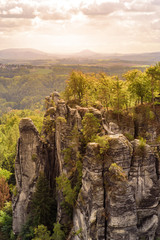 Panorama view on the beautiful rock formation of Bastei in Saxon Switzerland National Park, near Dresden and Rathen - Germany. Popular travel destination in Saxony.