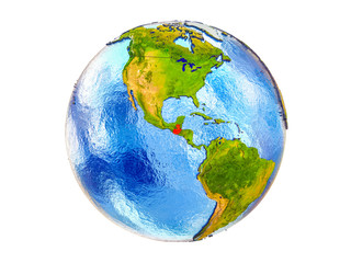Guatemala on 3D model of Earth with country borders and water in oceans. 3D illustration isolated on white background.