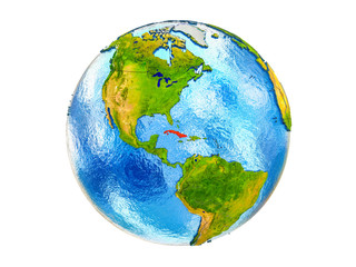Cuba on 3D model of Earth with country borders and water in oceans. 3D illustration isolated on white background.