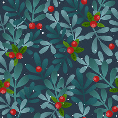 seamless cute pattern of a winter forest and berries. Christmas card with berry and mistletoe.