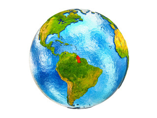 Guyana on 3D model of Earth with country borders and water in oceans. 3D illustration isolated on white background.