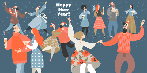 Vector illustration of a new year party with funny people dancing and drinking wine