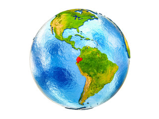 Ecuador on 3D model of Earth with country borders and water in oceans. 3D illustration isolated on white background.