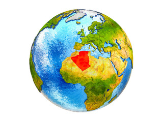 Algeria on 3D model of Earth with country borders and water in oceans. 3D illustration isolated on white background.