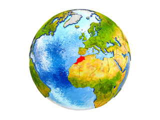 Morocco on 3D model of Earth with country borders and water in oceans. 3D illustration isolated on white background.