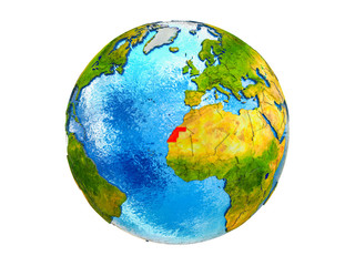Western Sahara on 3D model of Earth with country borders and water in oceans. 3D illustration isolated on white background.