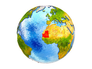 Mauritania on 3D model of Earth with country borders and water in oceans. 3D illustration isolated on white background.