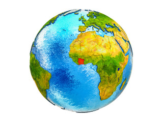 Ivory Coast on 3D model of Earth with country borders and water in oceans. 3D illustration isolated on white background.