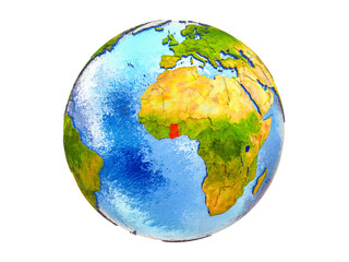 Ghana on 3D model of Earth with country borders and water in oceans. 3D illustration isolated on white background.