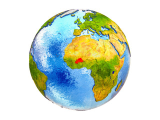 Burkina Faso on 3D model of Earth with country borders and water in oceans. 3D illustration isolated on white background.