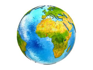 Togo on 3D model of Earth with country borders and water in oceans. 3D illustration isolated on white background.