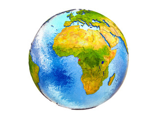 Equatorial Guinea on 3D model of Earth with country borders and water in oceans. 3D illustration isolated on white background.