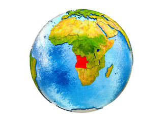 Angola on 3D model of Earth with country borders and water in oceans. 3D illustration isolated on white background.