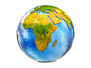 Burundi on 3D model of Earth with country borders and water in oceans. 3D illustration isolated on white background.
