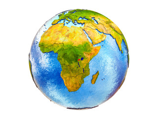 Rwanda on 3D model of Earth with country borders and water in oceans. 3D illustration isolated on white background.