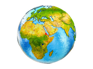 Eritrea on 3D model of Earth with country borders and water in oceans. 3D illustration isolated on white background.