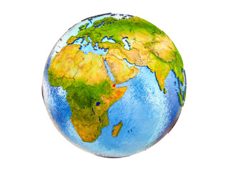 Djibouti on 3D model of Earth with country borders and water in oceans. 3D illustration isolated on white background.