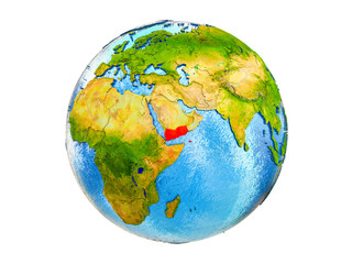 Yemen on 3D model of Earth with country borders and water in oceans. 3D illustration isolated on white background.