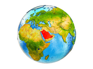 Saudi Arabia on 3D model of Earth with country borders and water in oceans. 3D illustration isolated on white background.