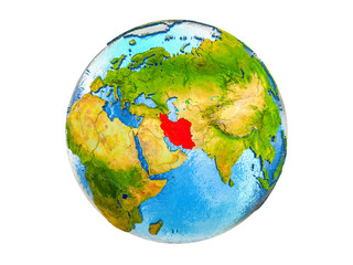 Iran on 3D model of Earth with country borders and water in oceans. 3D illustration isolated on white background.