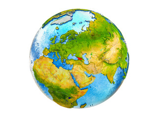 Georgia on 3D model of Earth with country borders and water in oceans. 3D illustration isolated on white background.
