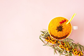 Sea buckthorn vitamin smoothie decorated with cranberry, anise and cinnamon on pink pastel...