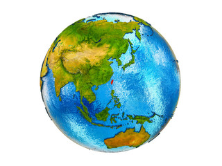 Taiwan on 3D model of Earth with country borders and water in oceans. 3D illustration isolated on white background.