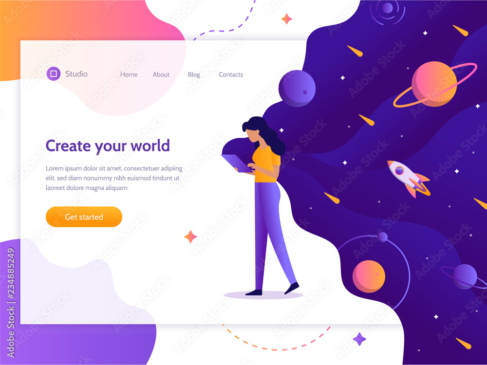 Fototapete Create your world. Web development. Girl holding a device in which space. Web banner design template. Flat vector illustration.