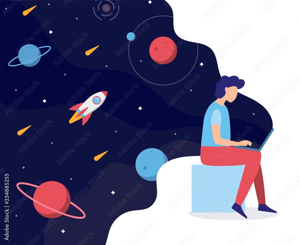 Fototapete A man works at a laptop from which flows space. Creativity, programming, creation of new websites and applications.  Flat vector illustration.