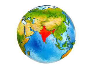 India on 3D model of Earth with country borders and water in oceans. 3D illustration isolated on white background.