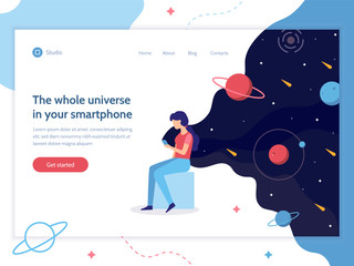 The whole universe in your smartphone. The girl is holding a phone from which the space is flowing. Web banner design template. Flat vector illustration.