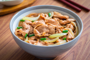 Fried pork with rice in bowl. Japanese food style, Donburi
